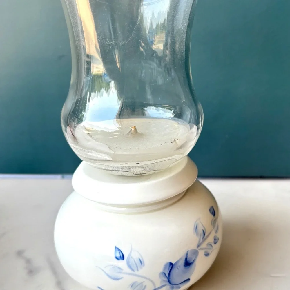 Vintage Hurricane Candle Holder Blue Floral Ceramic Hand Painted USA